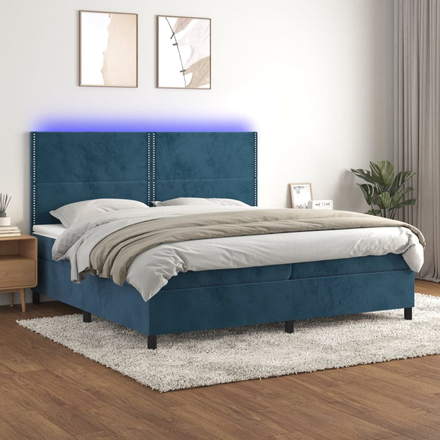 Boxspring Met Matras En Led Fluweel Donkerblauw 200 x 200 cm Effen met spijkers