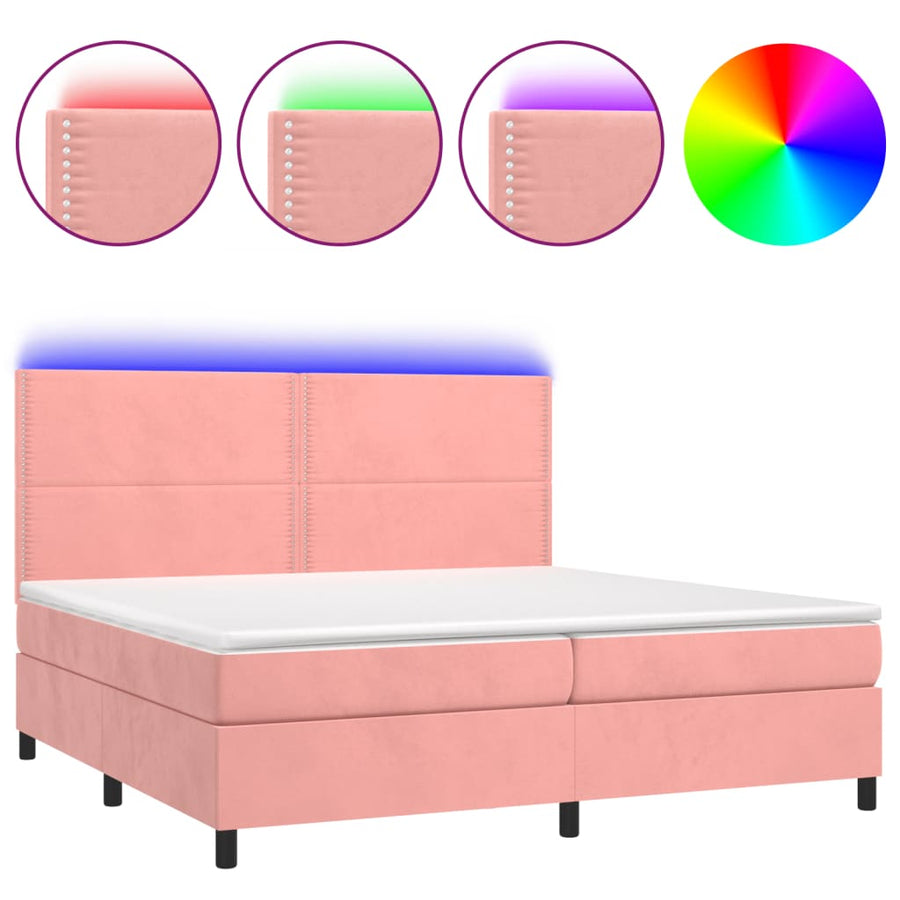 Boxspring Met Matras En Led Fluweel Roze 200 x 200 cm Effen met spijkers
