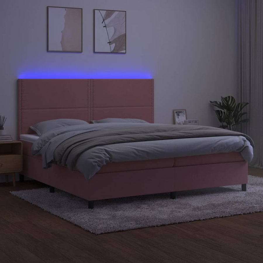 Boxspring Met Matras En Led Fluweel Roze 200 x 200 cm Effen met spijkers