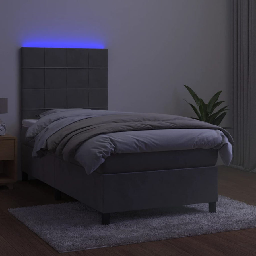 Boxspring Met Matras En Led Fluweel Lichtgrijs 90 x 190 cm Blok met vierkanten