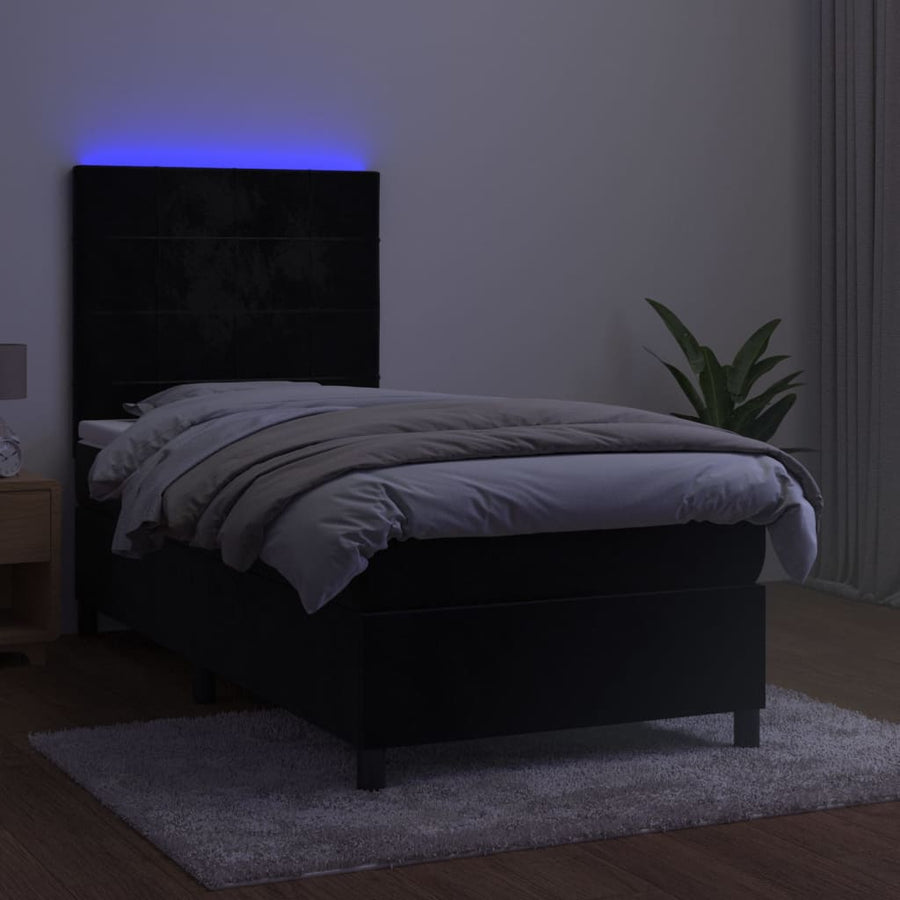 Boxspring Met Matras En Led Fluweel Zwart 90 x 190 cm Blok met vierkanten