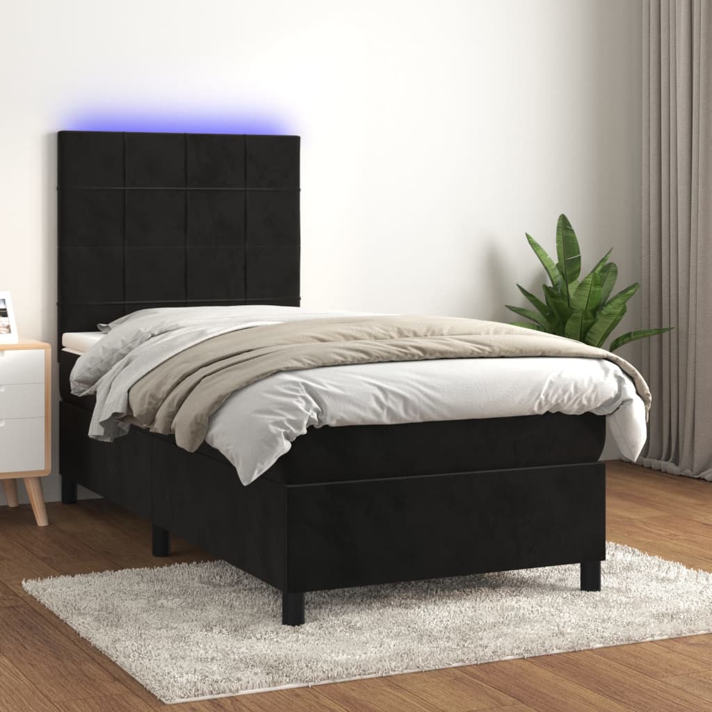 Boxspring Met Matras En Led Fluweel Zwart 90 x 190 cm Blok met vierkanten