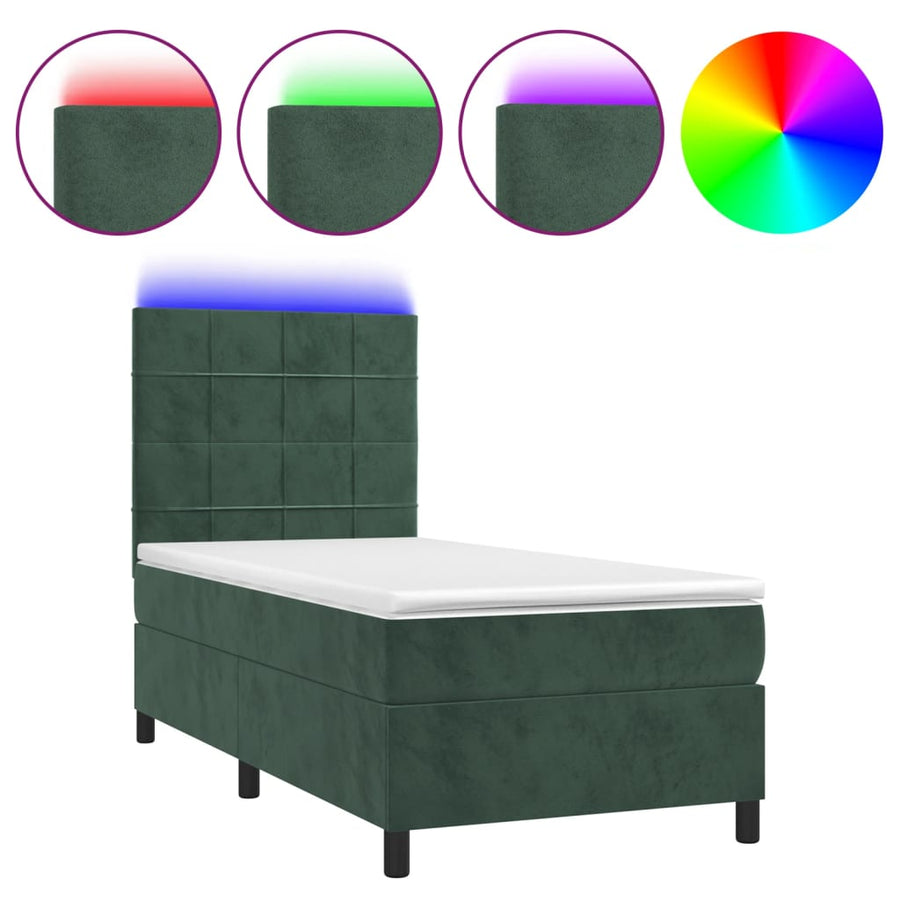 Boxspring met matras en LED fluweel donkergroen 90x190 cm 90 x 190 cm Blok met vierkanten