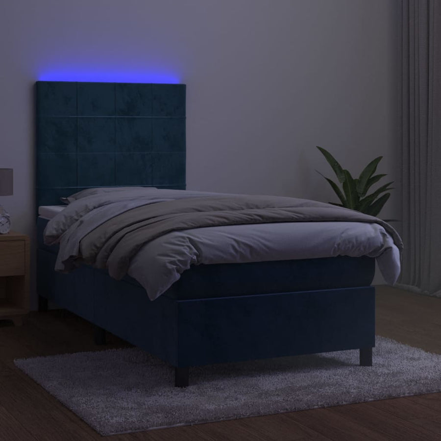 Boxspring Met Matras En Led Fluweel Donkerblauw 90 x 190 cm Blok met vierkanten