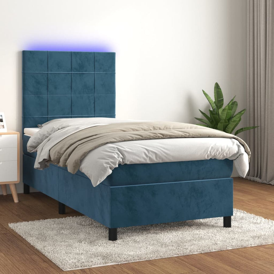 Boxspring Met Matras En Led Fluweel Donkerblauw 90 x 190 cm Blok met vierkanten