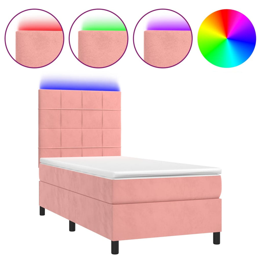 Boxspring Met Matras En Led Fluweel Roze 90 x 190 cm Blok met vierkanten