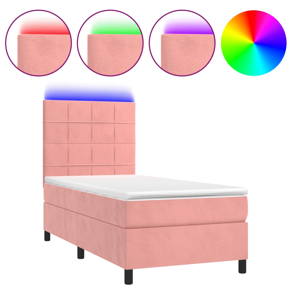 Boxspring Met Matras En Led Fluweel Roze 90 x 200 cm Blok met vierkanten