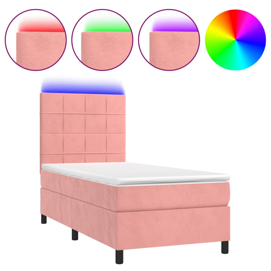 Boxspring Met Matras En Led Fluweel Roze 90 x 200 cm Blok met vierkanten