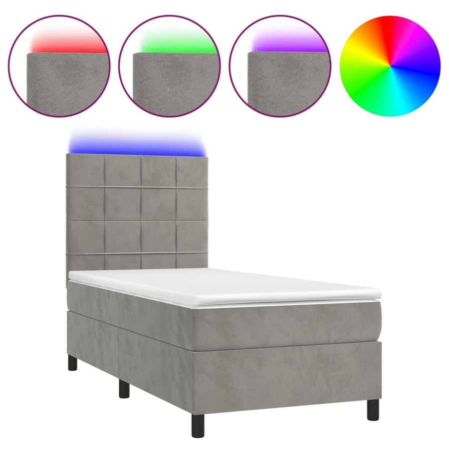 Boxspring Met Matras En Led Fluweel Lichtgrijs 100 x 200 cm Blok met vierkanten