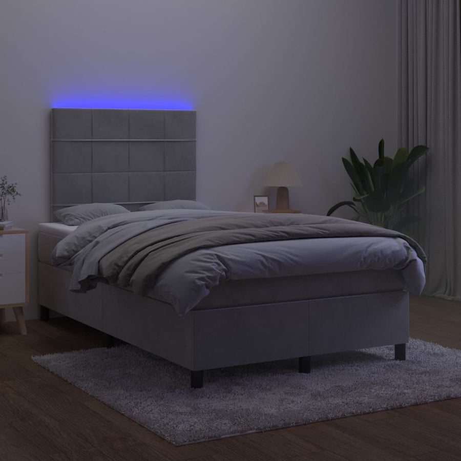Boxspring Met Matras En Led Fluweel Lichtgrijs 120 x 200 cm Blok met vierkanten