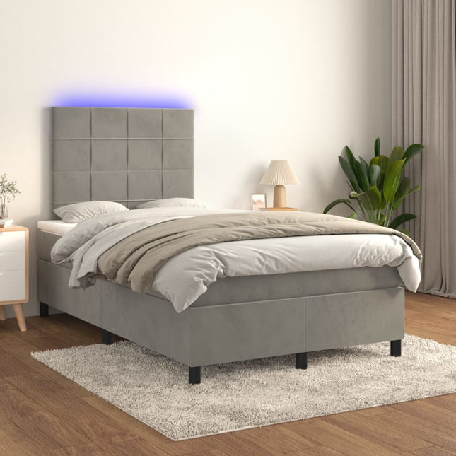 Boxspring Met Matras En Led Fluweel Lichtgrijs 120 x 200 cm Blok met vierkanten