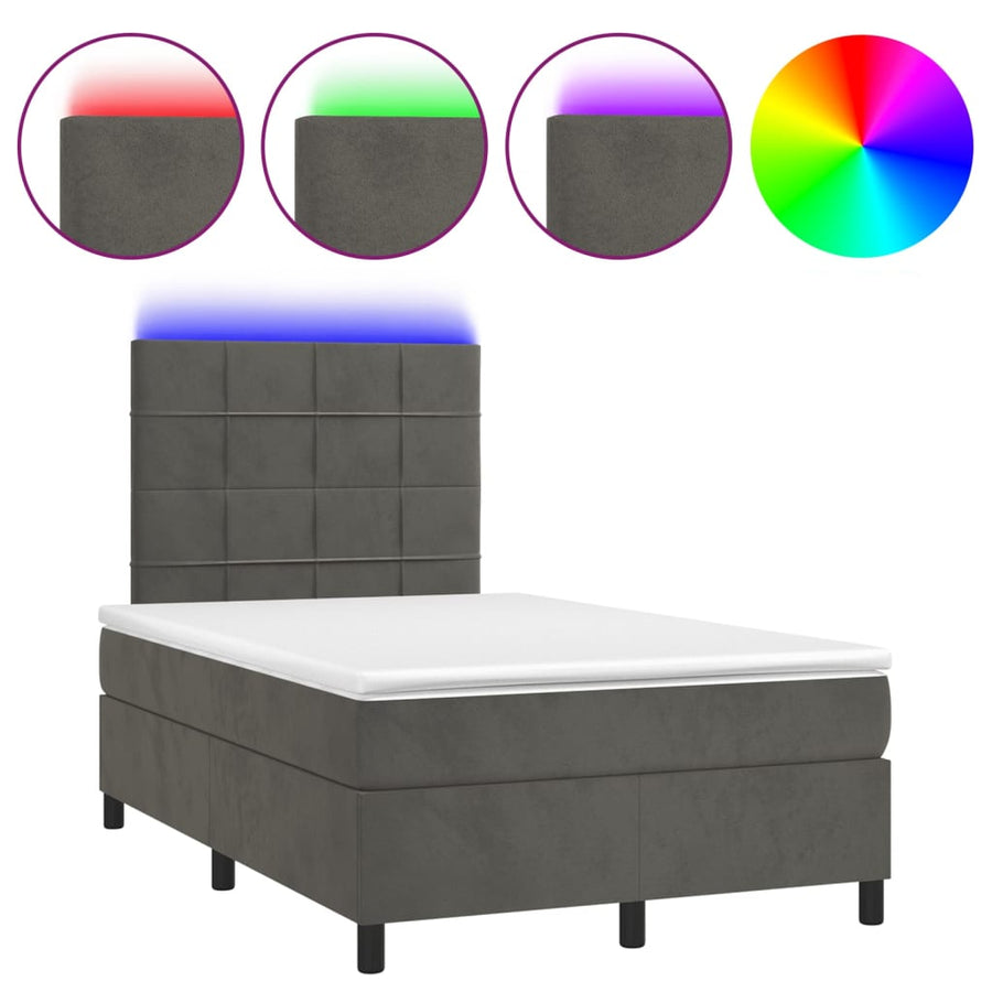 Boxspring Met Matras En Led Fluweel Donkergrijs 120 x 200 cm Blok met vierkanten