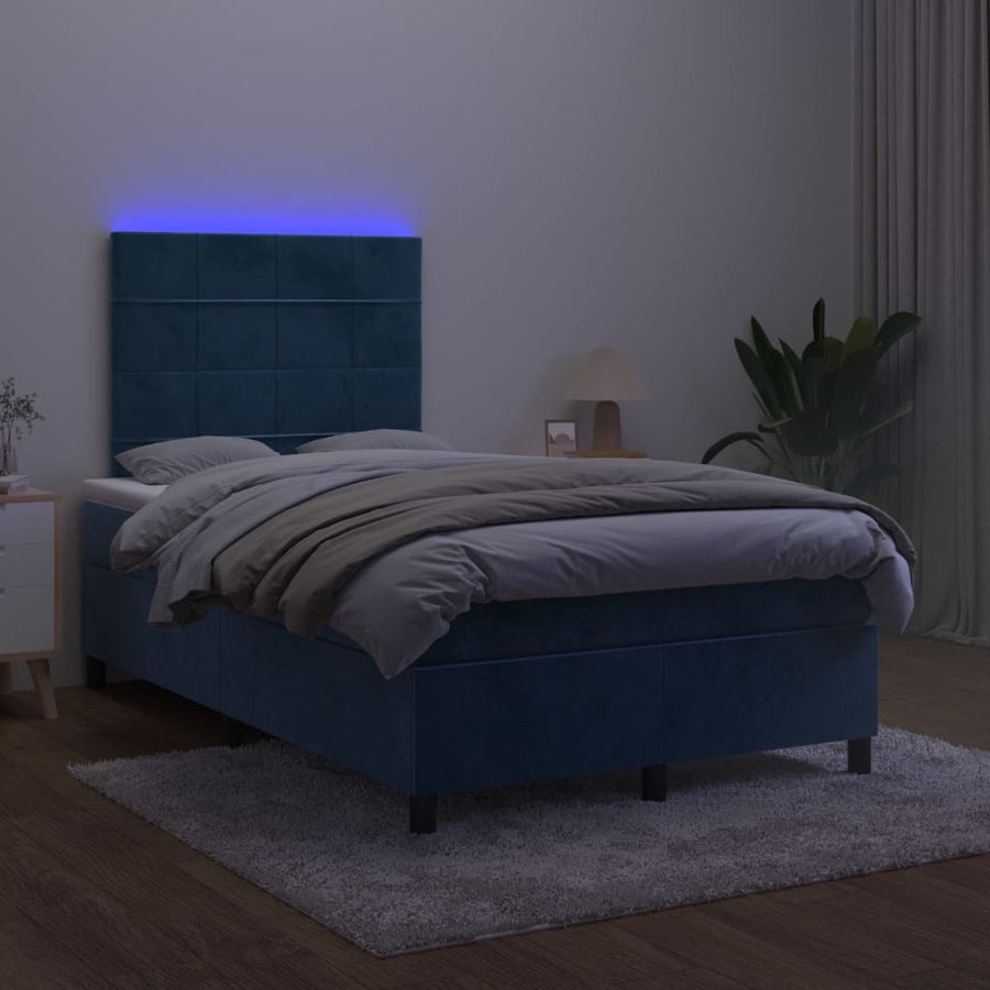 Boxspring Met Matras En Led Fluweel Donkerblauw 120 x 200 cm Blok met vierkanten