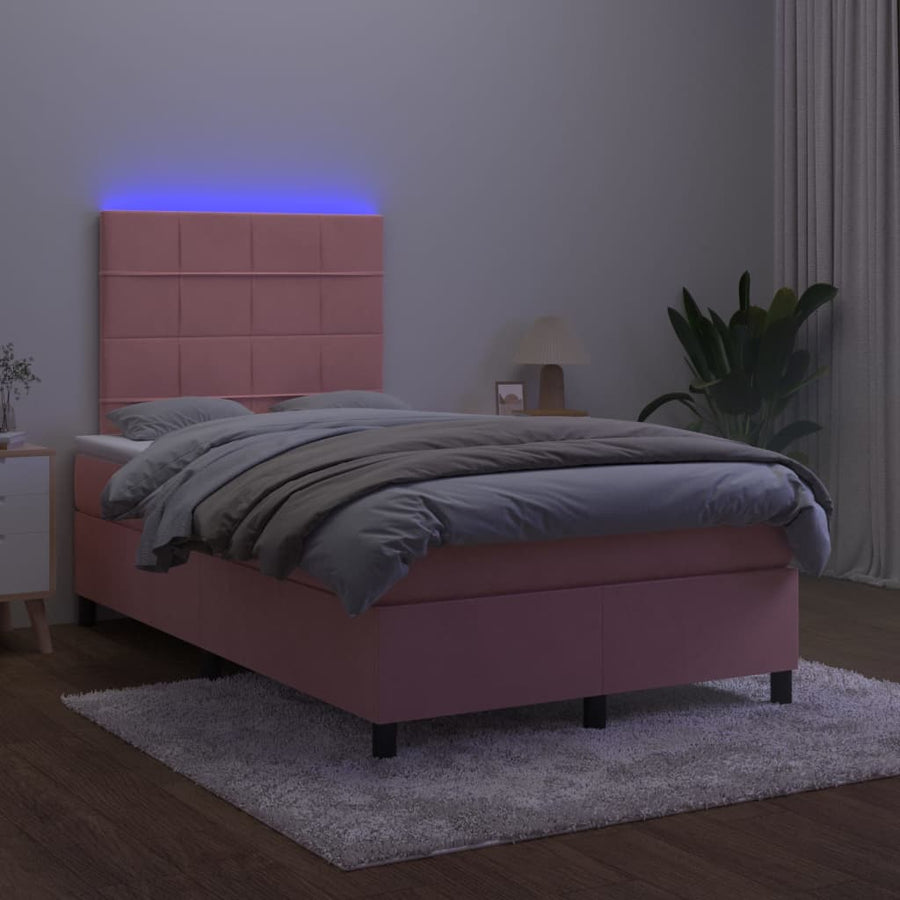 Boxspring Met Matras En Led Fluweel Roze 120 x 200 cm Blok met vierkanten
