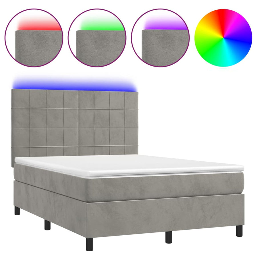 Boxspring Met Matras En Led Fluweel Lichtgrijs 140 x 190 cm Blok met vierkanten