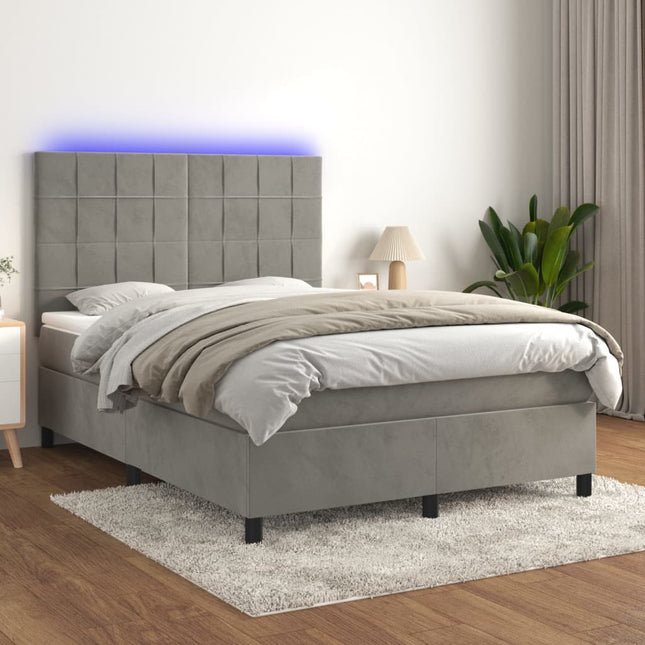 Boxspring Met Matras En Led Fluweel Lichtgrijs 140 x 190 cm Blok met vierkanten