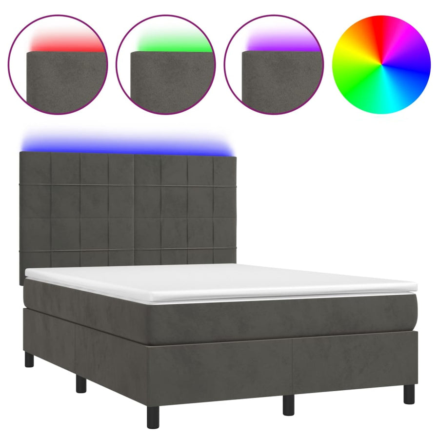 Boxspring Met Matras En Led Fluweel Donkergrijs 140 x 190 cm Blok met vierkanten