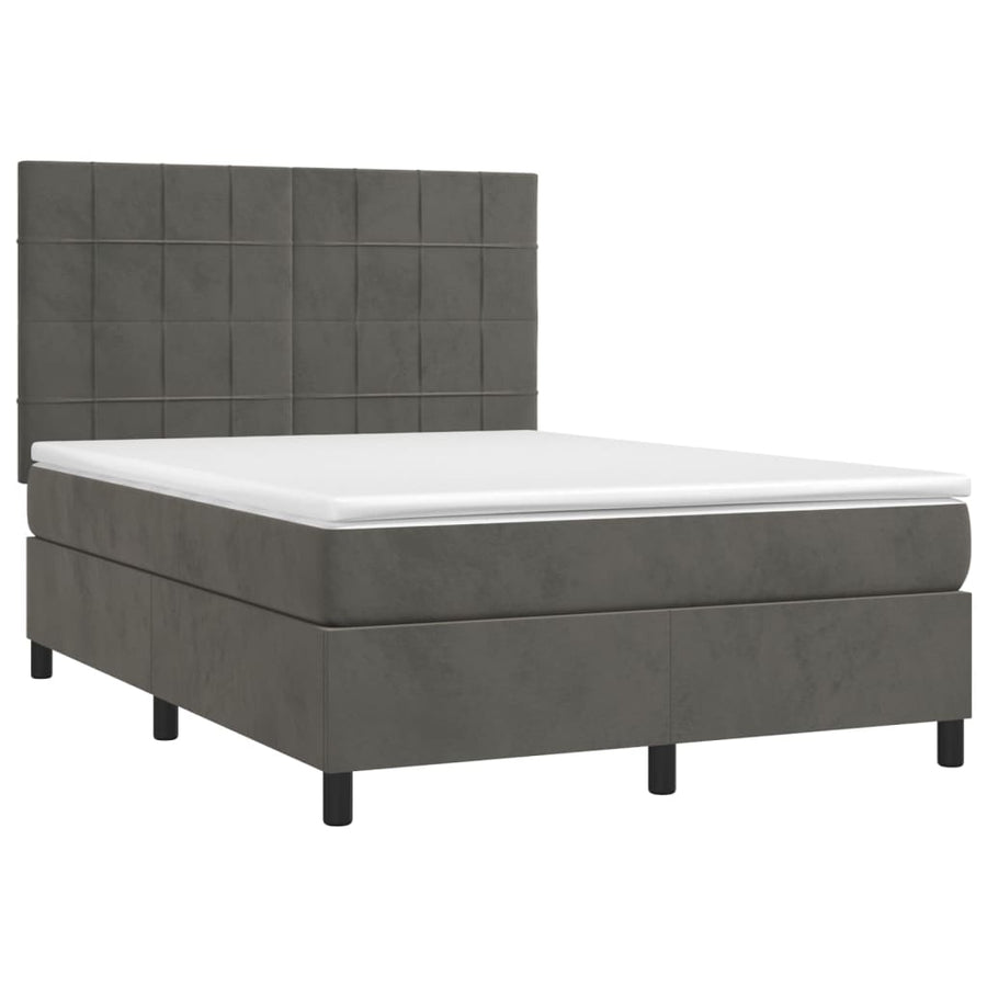 Boxspring Met Matras En Led Fluweel Donkergrijs 140 x 190 cm Blok met vierkanten