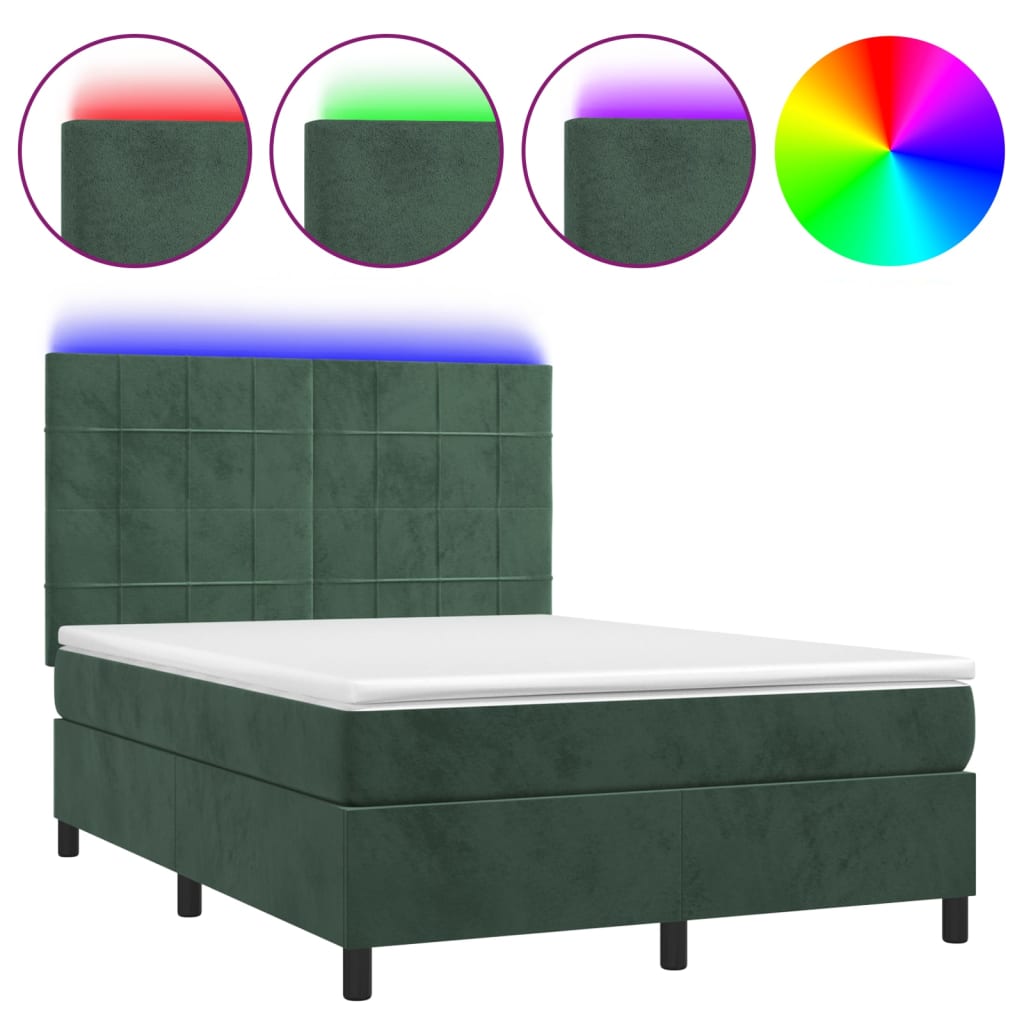 Boxspring Met Matras En Led Fluweel Donkergroen 140 x 190 cm Blok met vierkanten