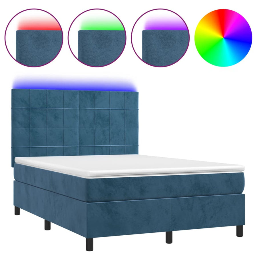 Boxspring Met Matras En Led Fluweel Donkerblauw 140 x 190 cm Blok met vierkanten