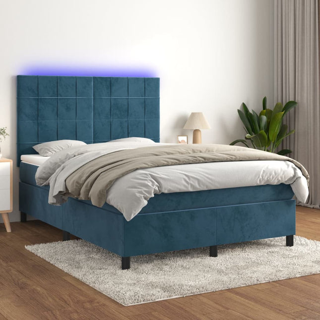 Boxspring Met Matras En Led Fluweel Donkerblauw 140 x 190 cm Blok met vierkanten