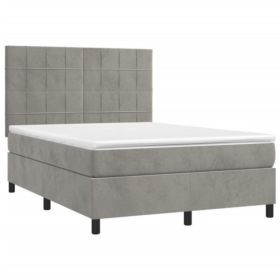 Boxspring Met Matras En Led Fluweel Lichtgrijs 140 x 200 cm Blok met vierkanten