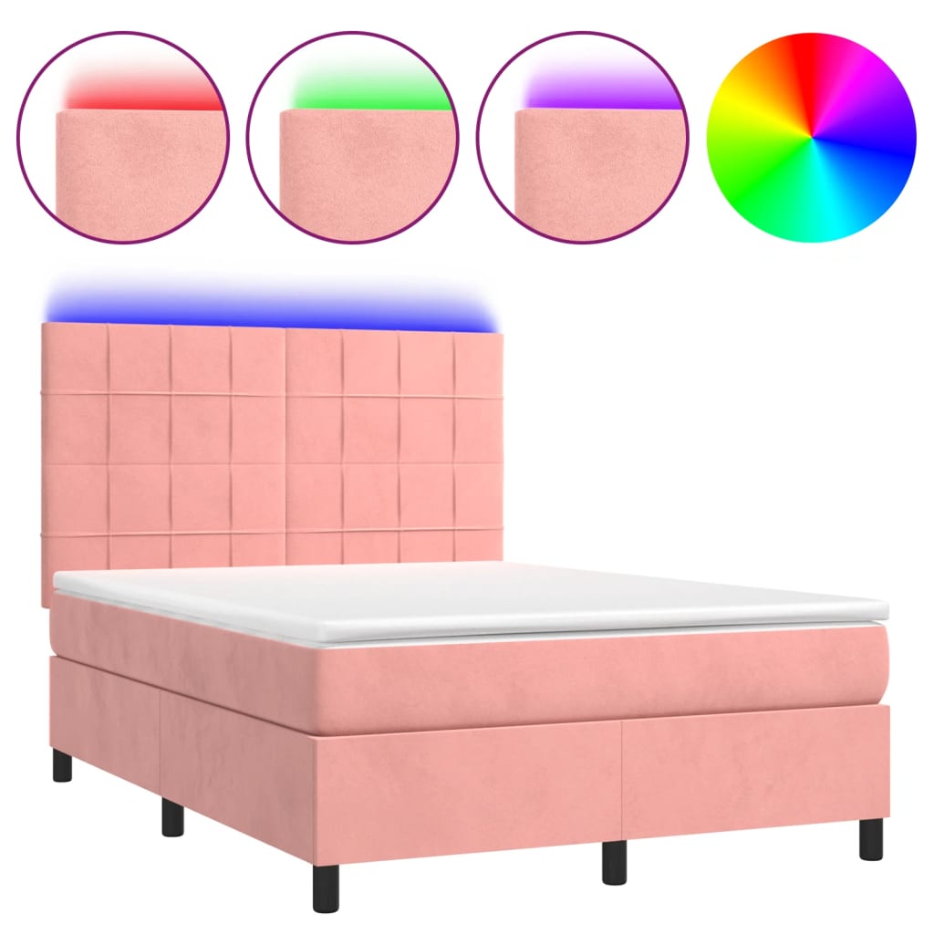 Boxspring Met Matras En Led Fluweel Roze 140 x 200 cm Blok met vierkanten