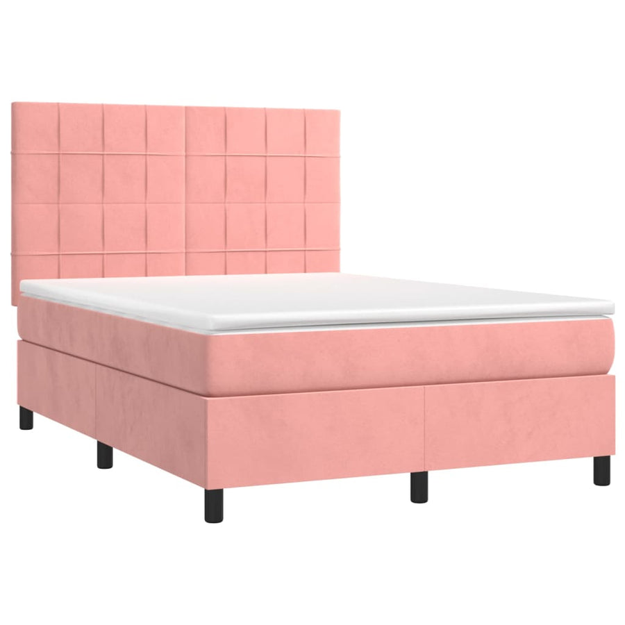 Boxspring Met Matras En Led Fluweel Roze 140 x 200 cm Blok met vierkanten