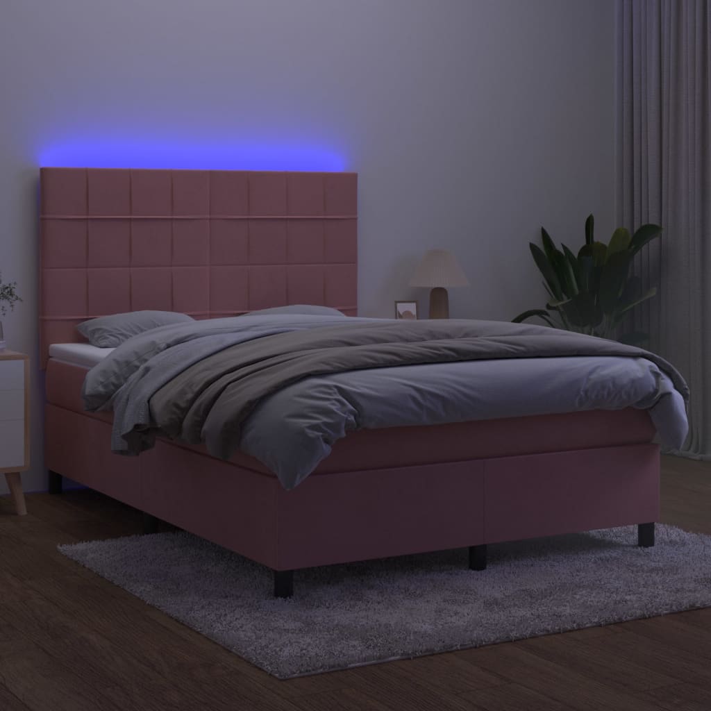 Boxspring Met Matras En Led Fluweel Roze 140 x 200 cm Blok met vierkanten