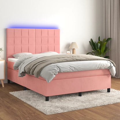 Boxspring Met Matras En Led Fluweel Roze 140 x 200 cm Blok met vierkanten