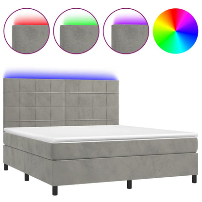 Boxspring Met Matras En Led Fluweel Lichtgrijs 160 x 200 cm Blok met vierkanten