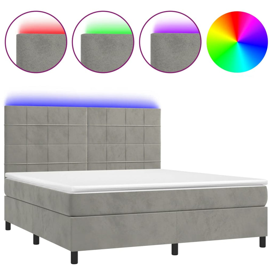Boxspring Met Matras En Led Fluweel Lichtgrijs 160 x 200 cm Blok met vierkanten