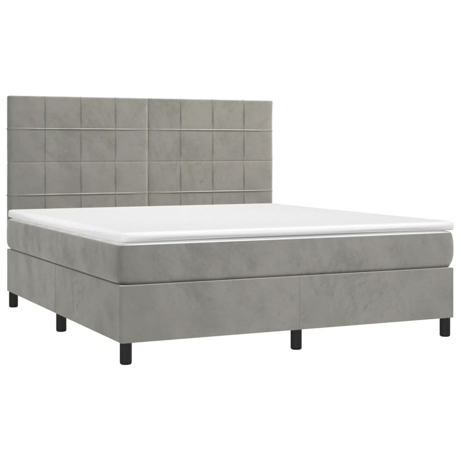 Boxspring Met Matras En Led Fluweel Lichtgrijs 160 x 200 cm Blok met vierkanten