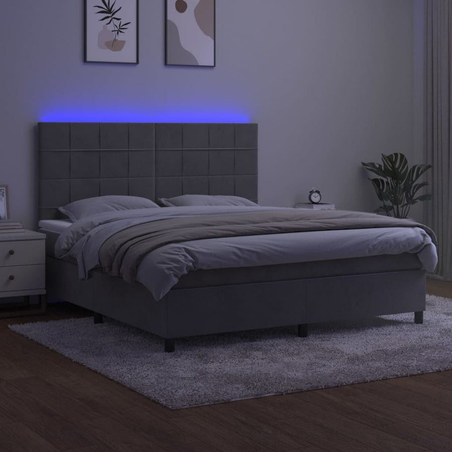 Boxspring Met Matras En Led Fluweel Lichtgrijs 160 x 200 cm Blok met vierkanten