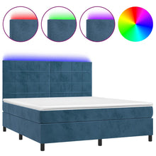 Boxspring Met Matras En Led Fluweel Donkerblauw 160 x 200 cm Blok met vierkanten