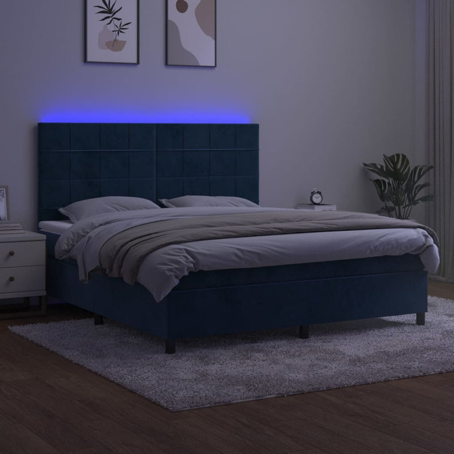 Boxspring Met Matras En Led Fluweel Donkerblauw 160 x 200 cm Blok met vierkanten