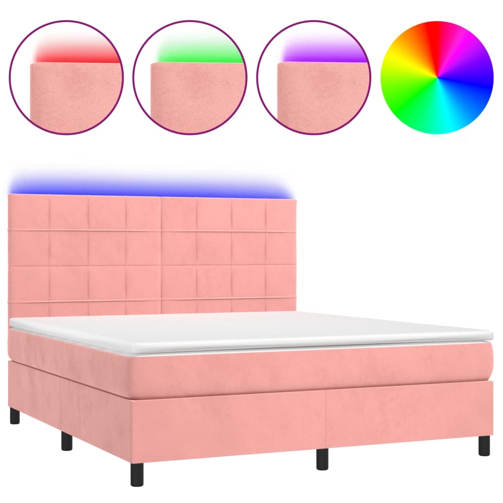 Boxspring Met Matras En Led Fluweel Roze 160 x 200 cm Blok met vierkanten
