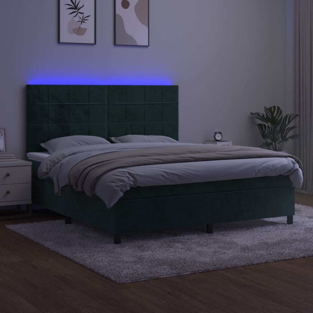 Boxspring met matras en LED fluweel donkergroen 180x200 cm 180 x 200 cm Blok met vierkanten