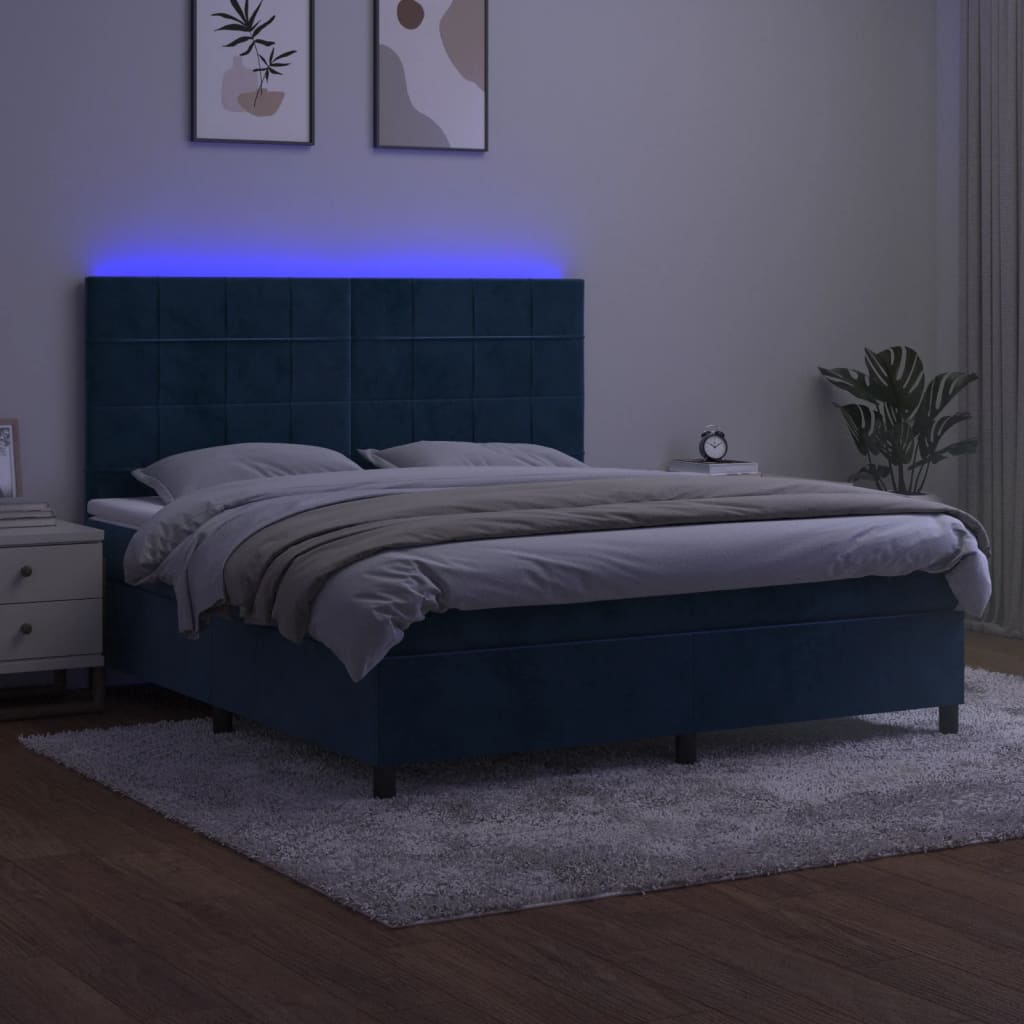 Boxspring Met Matras En Led Fluweel Donkerblauw 180 x 200 cm Blok met vierkanten