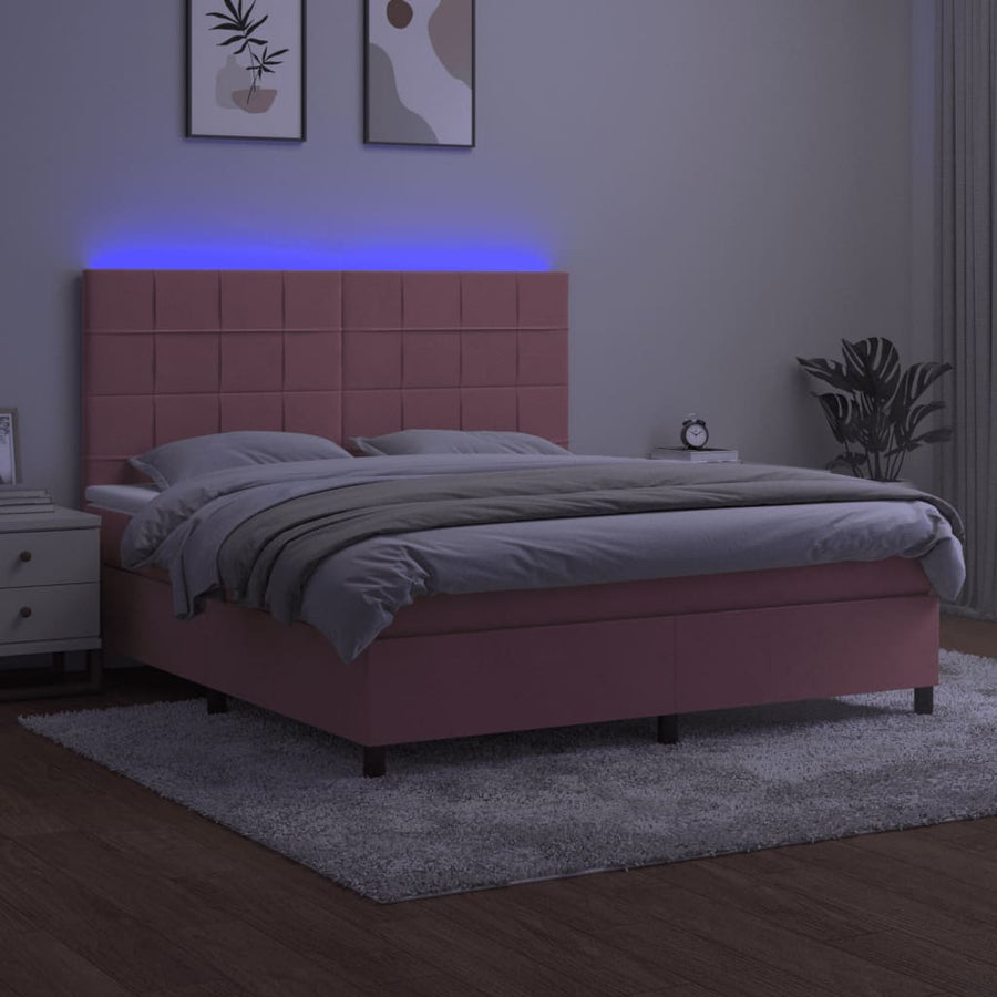 Boxspring Met Matras En Led Fluweel Roze 180 x 200 cm Blok met vierkanten