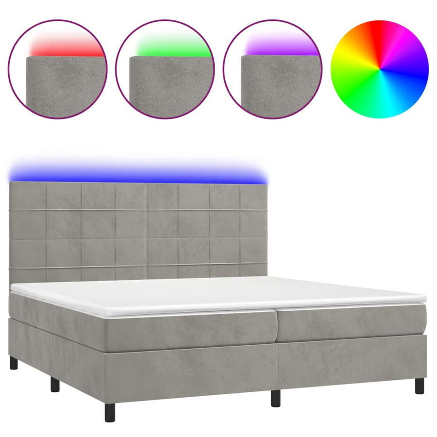 Boxspring Met Matras En Led Fluweel Lichtgrijs 200 x 200 cm Blok met vierkanten