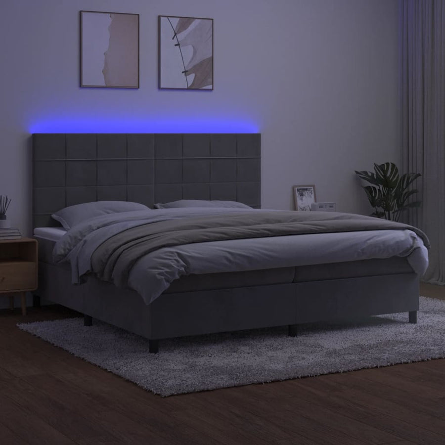 Boxspring Met Matras En Led Fluweel Lichtgrijs 200 x 200 cm Blok met vierkanten