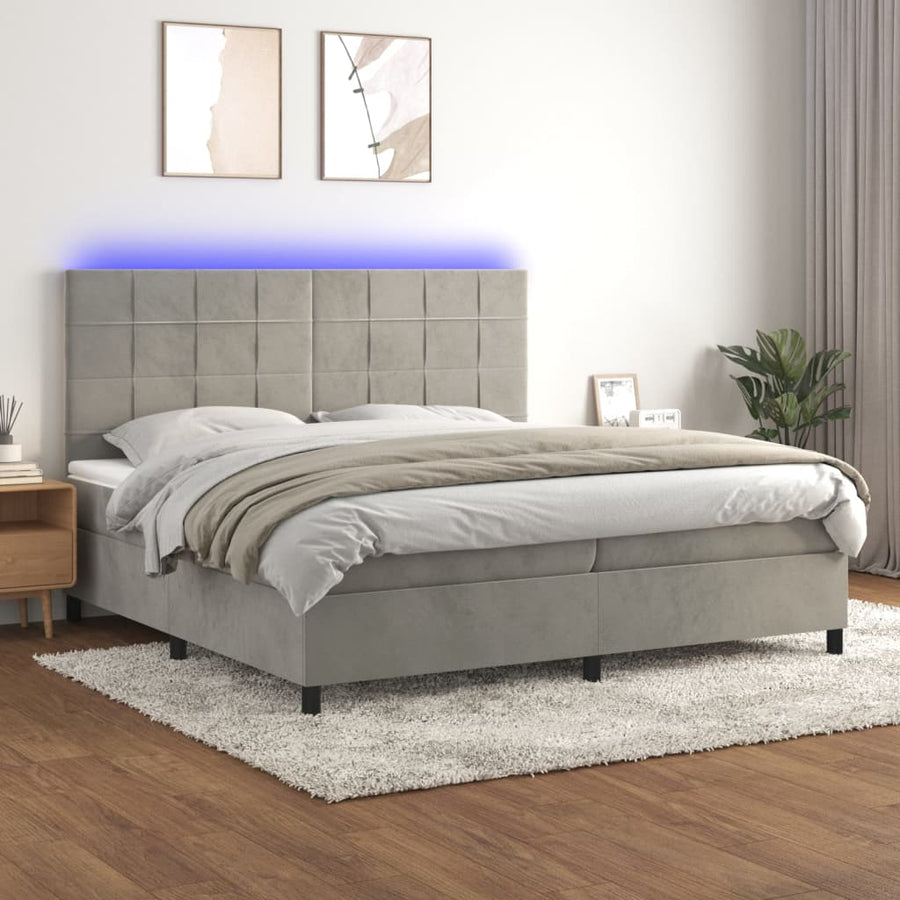 Boxspring Met Matras En Led Fluweel Lichtgrijs 200 x 200 cm Blok met vierkanten