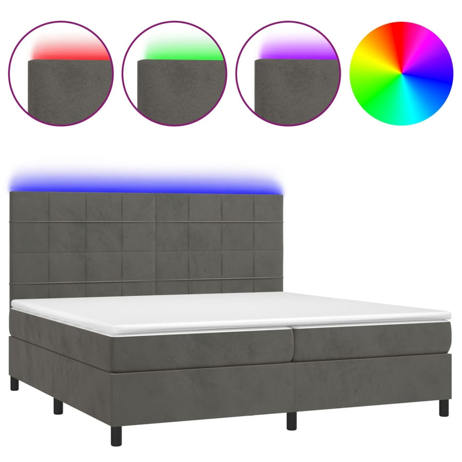 Boxspring Met Matras En Led Fluweel Donkergrijs 200 x 200 cm Blok met vierkanten