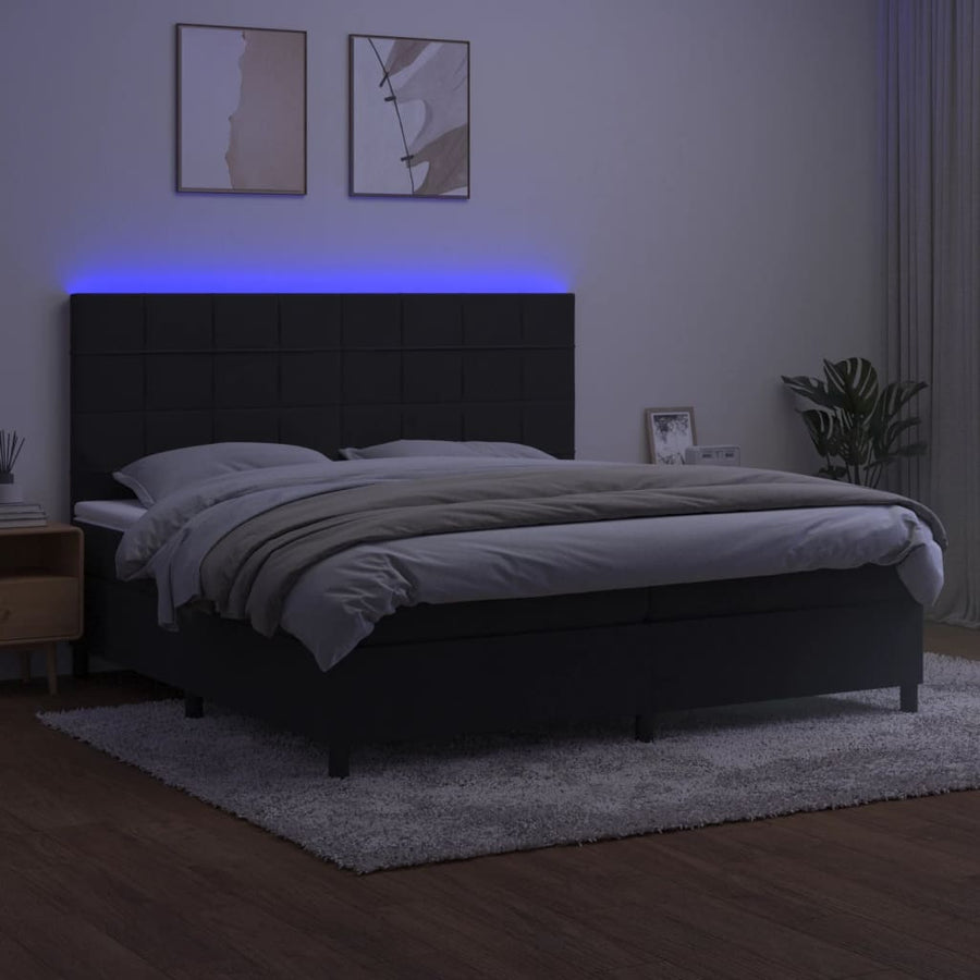Boxspring Met Matras En Led Fluweel Zwart 200 x 200 cm Blok met vierkanten
