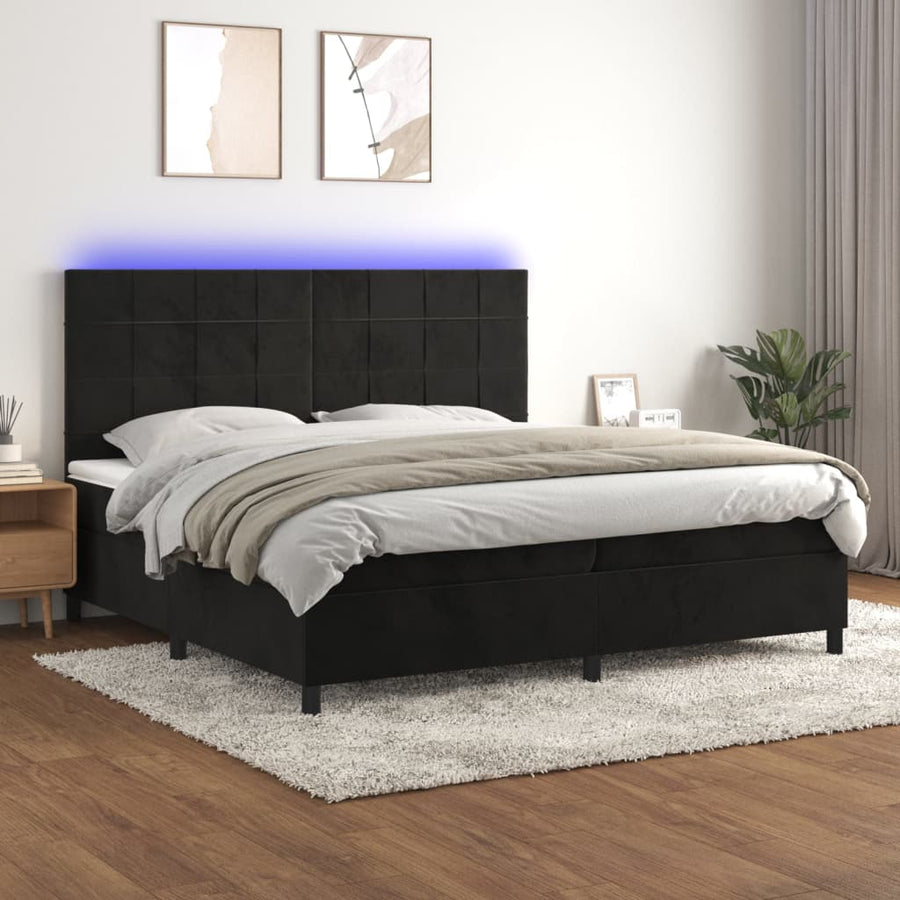 Boxspring Met Matras En Led Fluweel Zwart 200 x 200 cm Blok met vierkanten