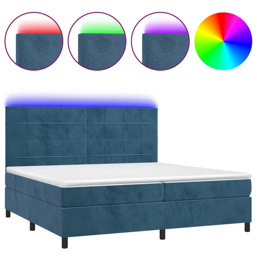 Boxspring Met Matras En Led Fluweel Donkerblauw 200 x 200 cm Blok met vierkanten