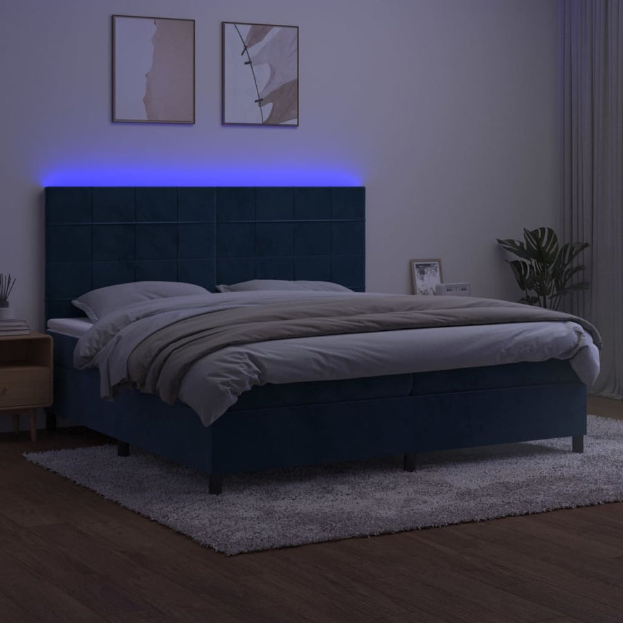 Boxspring Met Matras En Led Fluweel Donkerblauw 200 x 200 cm Blok met vierkanten