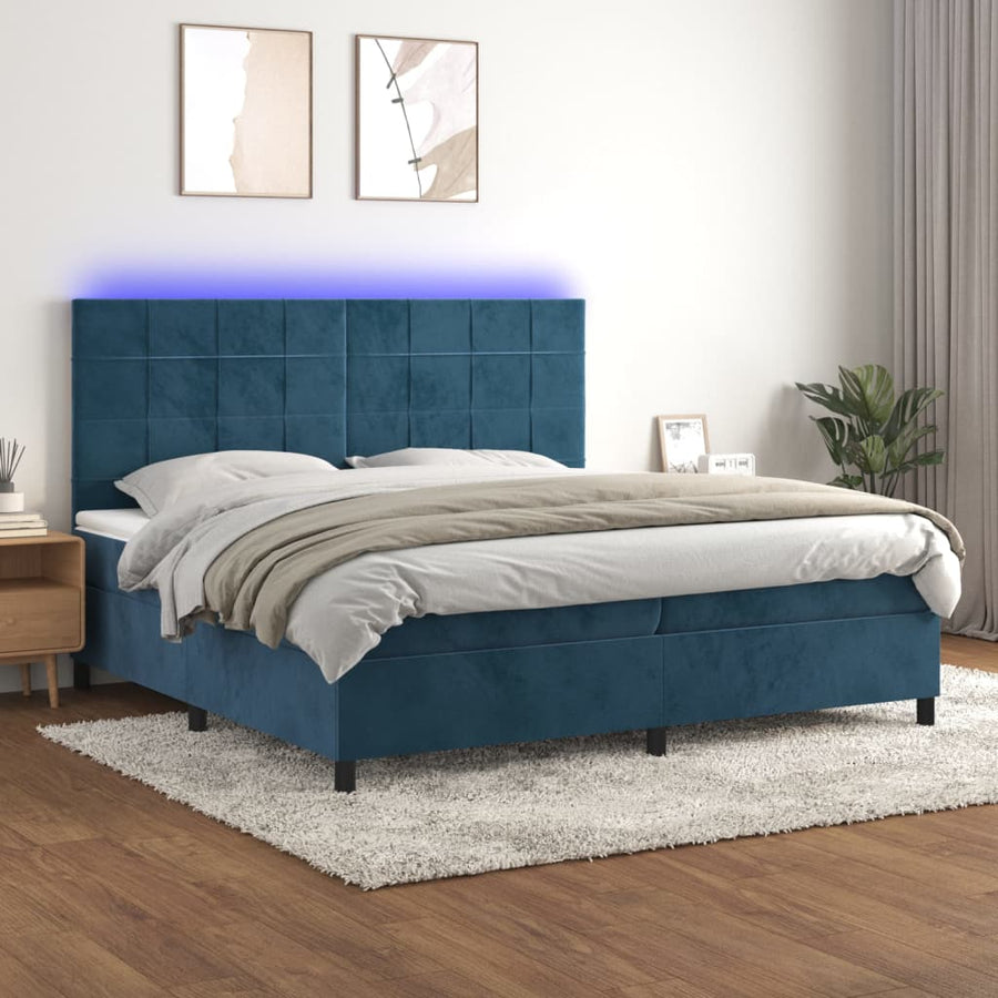 Boxspring Met Matras En Led Fluweel Donkerblauw 200 x 200 cm Blok met vierkanten