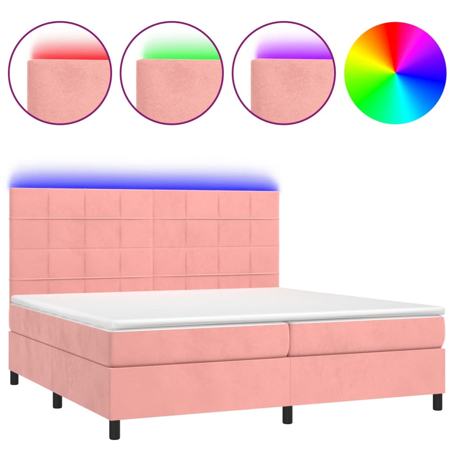 Boxspring Met Matras En Led Fluweel Roze 200 x 200 cm Blok met vierkanten
